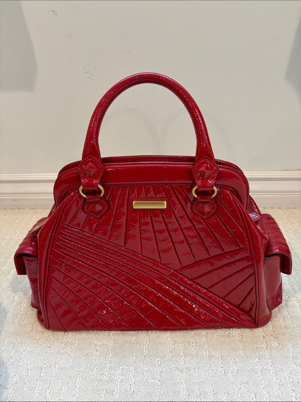 Isabella Fiore Red Patent Quilted Satchel with Gold Accents